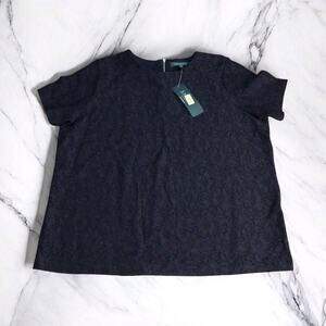 Lauren Ralph Lauren Blouse Women's 1X Black Floral Lace Open Knit Shirt Top Zip